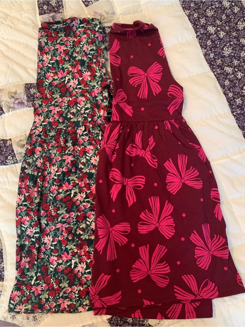 Girls' Pink Bow Print Burgundy & Green Floral Dresses with Pockets